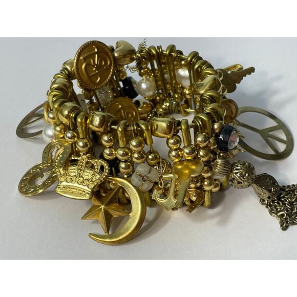 VTG 90s Safety Pin Charm Bracelet RSJ Gold Tone Peace Sign Y2K Bling Festival - Picture 4 of 6